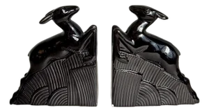 MCM Art Deco Black Glazed Ceramic Deer Bookends