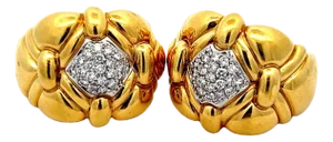 1990s 18k Italian Gold Puffed Earrings With Diamond Pavé, A Pair