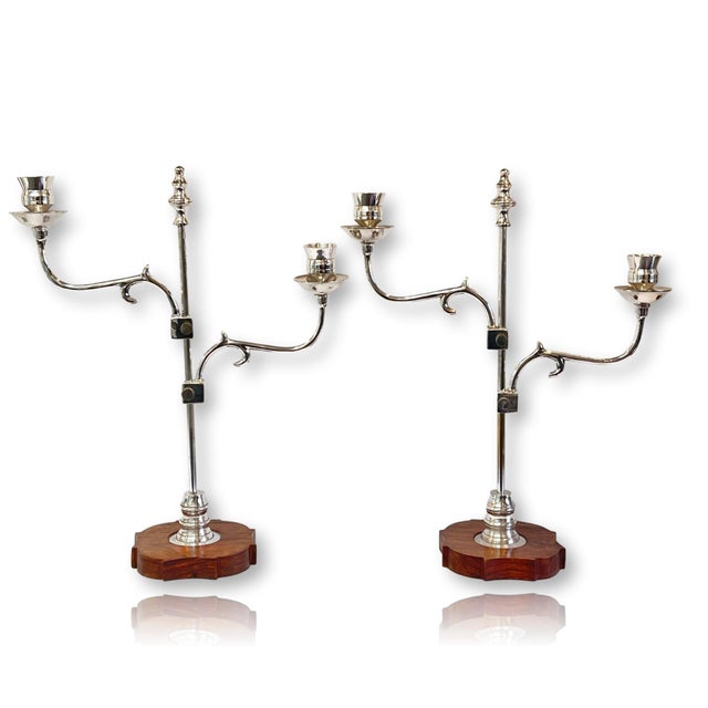 Pair of English Sheffield Plate chamber-stick or telescoping candle holders on 5.25" diameter turned scalloped wooden...