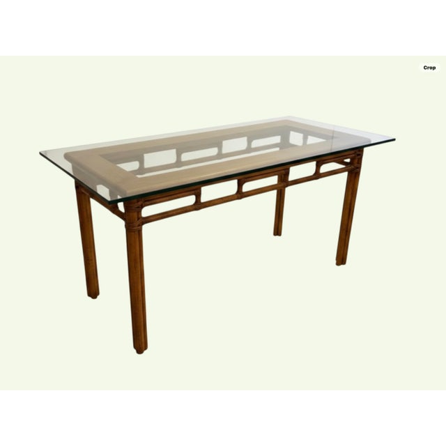 John and Elinor McGuire 1970s McGuire Bamboo Console Table With a Glass Top & Two Matching Stools . For Sale - Image 4 of 11