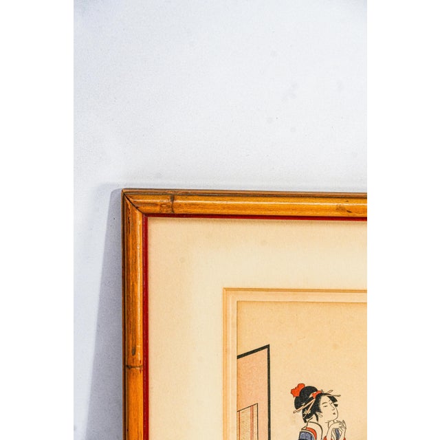 Vintage Japanese Woodblock Style Prints Framed Art Triptych With Bamboo Frame Asian Home Decor For Sale - Image 12 of 14