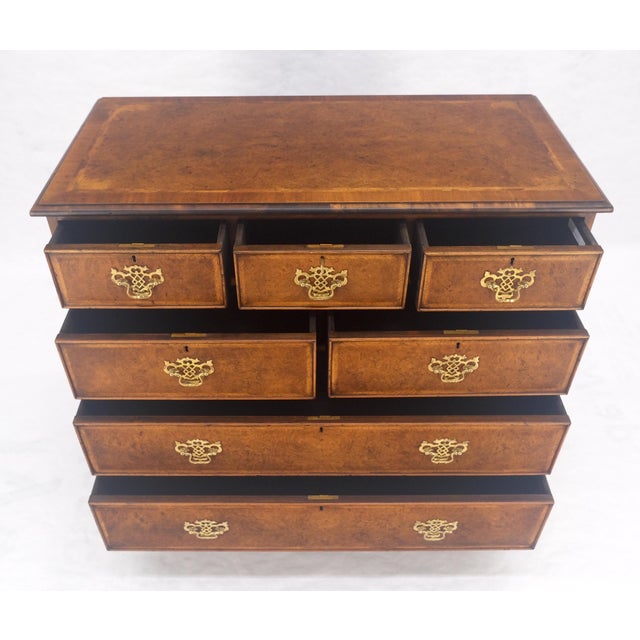 Fine 7 Drawers Burl Wood Banded Top Bracket Feet English Chest of Drawers MINT For Sale - Image 13 of 15