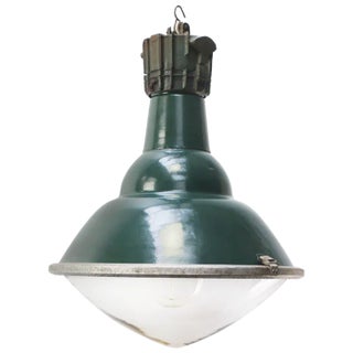 Vintage Industrial French Green Cast Iron and Clear Domed Glass Pendant Lamps by Sammode For Sale