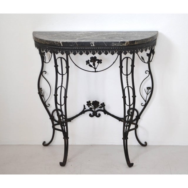 Hollywood Regency Style Italian Wrought Iron Console Table With Marble