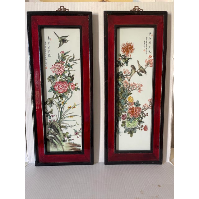 1900 - 1909 1900s Antique Chinese Qing Dynasty Porcelain Plaques Screen, Framed - Set of 2 For Sale - Image 5 of 9