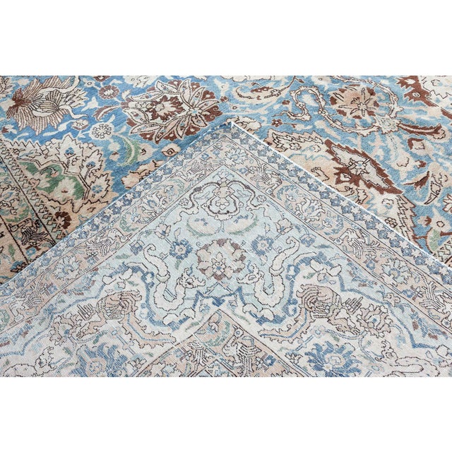 Antique Persian Tabriz Botanic Blue Handwoven Wool Rug For Sale - Image 4 of 8