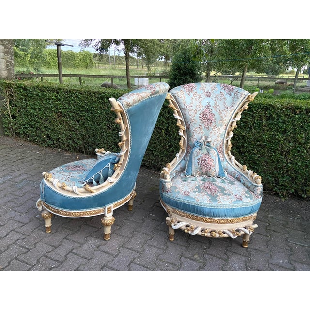 1970s 1970 Louis XVI White Beech Turquoise Lounge Chairs-Pair For Sale - Image 5 of 12