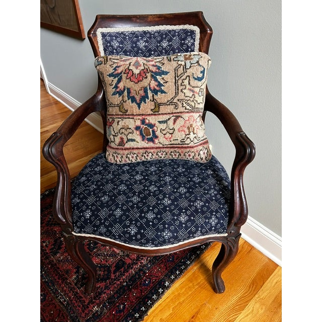 Antique Blue and White Batik Upholstered English Wood Accent Chair For Sale - Image 16 of 16