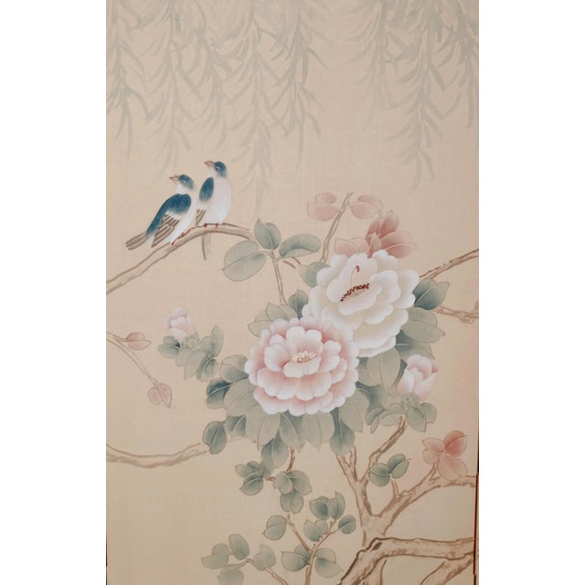 Mid-Century Modern 1960s Japanese Byobu "Blue Birds White Flowers" 4-Panel Folding Screen Very Good + For Sale - Image 3 of 12