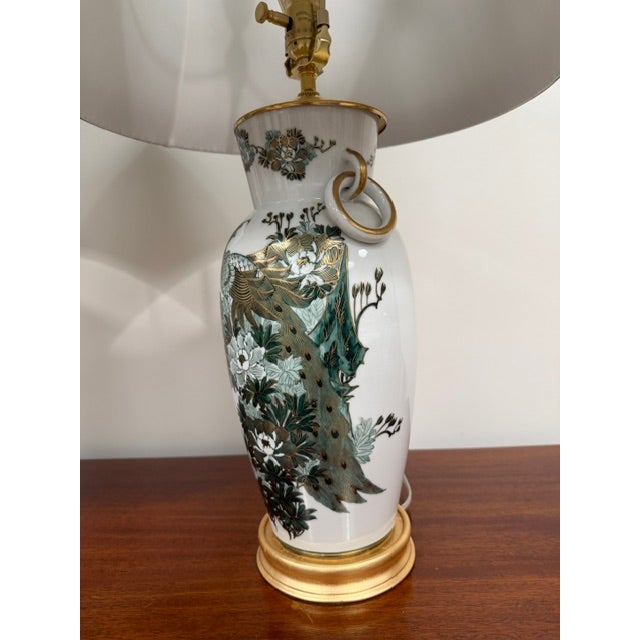 Ceramic Pair of Vintage Mid Century Modern Japanese Kutani Hand Painted Table Lamps With Peacock, Flowers and Gold For Sale - Image 7 of 11
