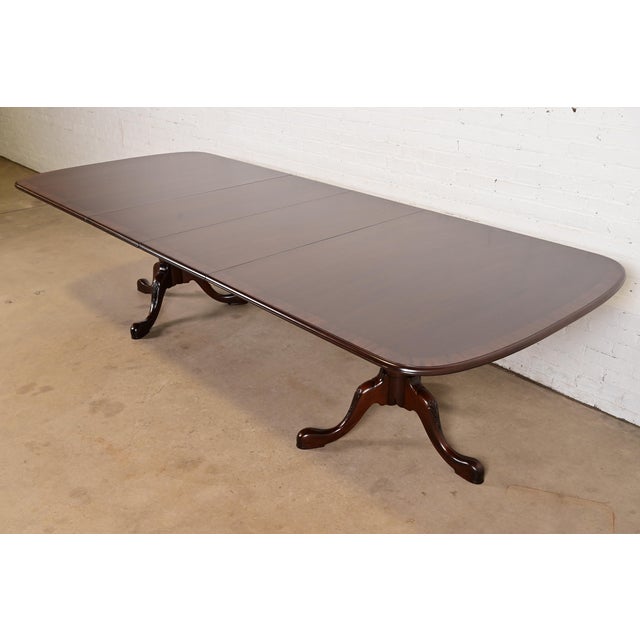 Baker Furniture Style Georgian Banded Mahogany Double Pedestal Extension Dining Table, Newly Refinished For Sale - Image 13 of 13