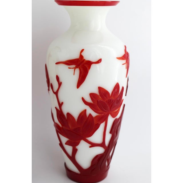 Antique Pair of Chinese Peking Glass Vases W/ Birds & Lotus Flowers, C1900, 10” For Sale - Image 10 of 14