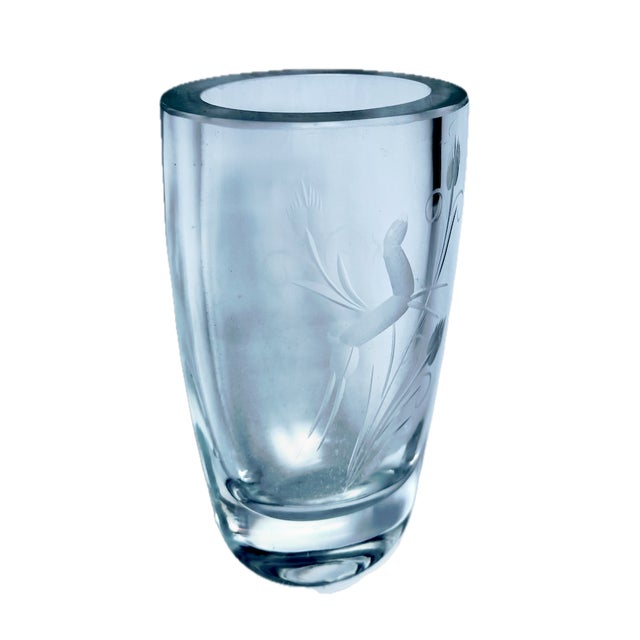 Art Deco etched crystal vase depicting a stylized gazelle leaping through stylized floral design etched on the front. No...