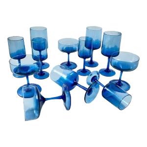 1960s Mid-Century Modern Empoli Italian Aqua Blue Glasses, Mixed Set/12