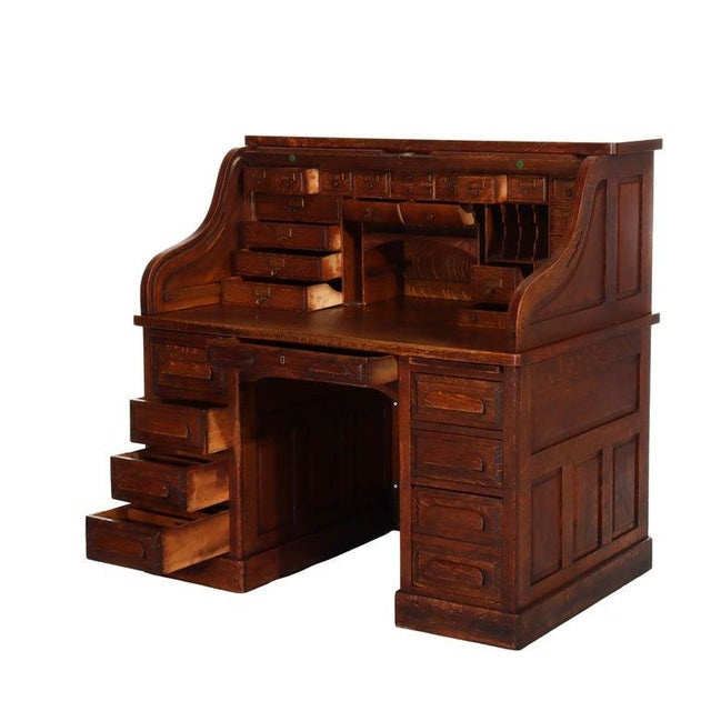 Antique Standard Raised Panel Oak S-Roll Top Desk With Full Interior C1910 For Sale - Image 4 of 10