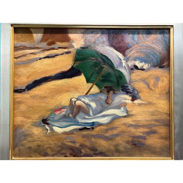 Amber Antique 1920s Impressionistic Oil on Canvas Beach Scene For Sale - Image 8 of 12