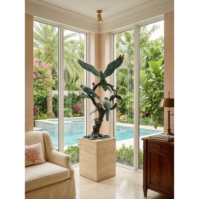 1980s Monumental Verdigris Bronze Parrots Sculpture on Tree Trunk Base For Sale - Image 9 of 12