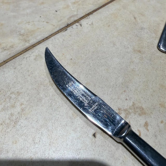 For your consideration, a set of six (6) steak knives by Gimbel Brothers for Sheffield. Mid-Century Modern. Made in...