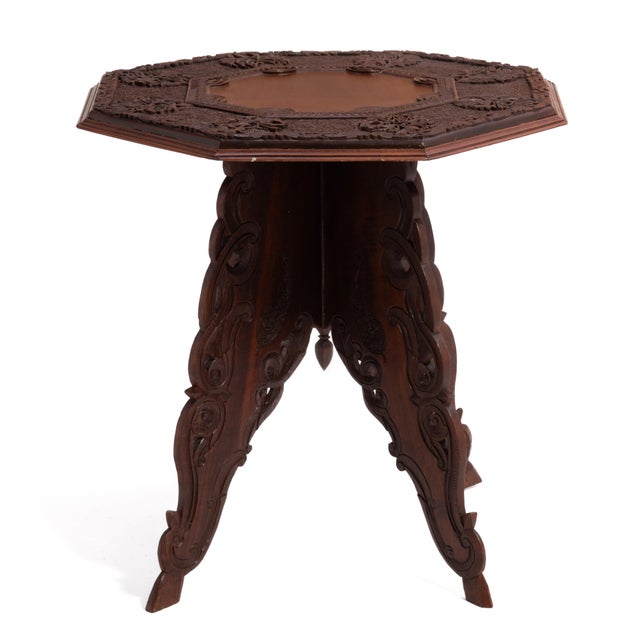English Anglo Indian Intricately Carved Teak Folding Campaign Table Octagon Top For Sale - Image 3 of 17