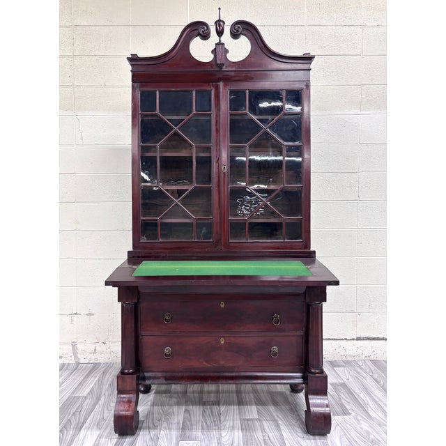 Brown Antique Empire Flame Mahogany Secretary Desk and Bookcase For Sale - Image 8 of 18