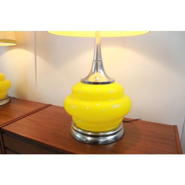 Chrome Pair of 1970's Lamps Yellow Glass and Chrome For Sale - Image 8 of 11