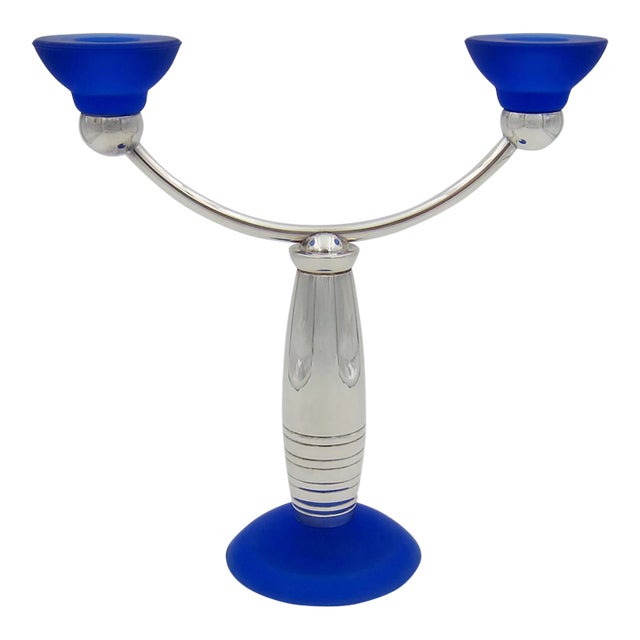 Christofle Alexandrie French Modernist Candelabra in Silverplate and Blue Glass For Sale