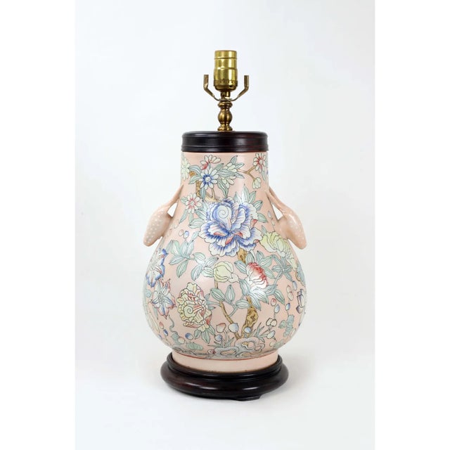 Chinese Famille Rose Vase Lamp With Animal Head Handles and Flowers For Sale - Image 3 of 9