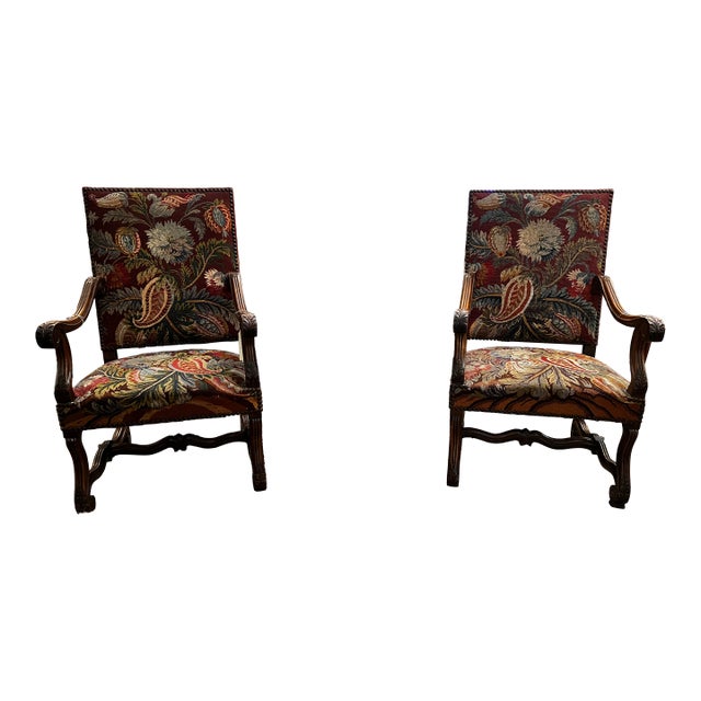 Pair of 19th Century French Os De Mouton Walnut & Tapestry Armchairs For Sale