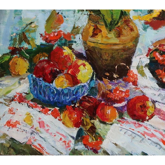 Ukrainian Still Life Painting: Flowers and Apples, Original Soviet Art 80-90 For Sale - Image 4 of 6