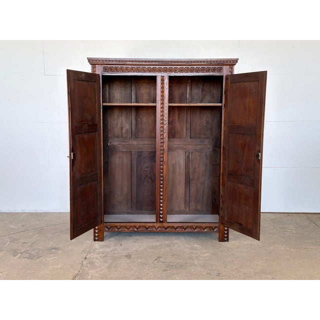 French Brutalist Carved Oak Armoire attributed to Charles Dudouyt, 1940s For Sale - Image 4 of 15