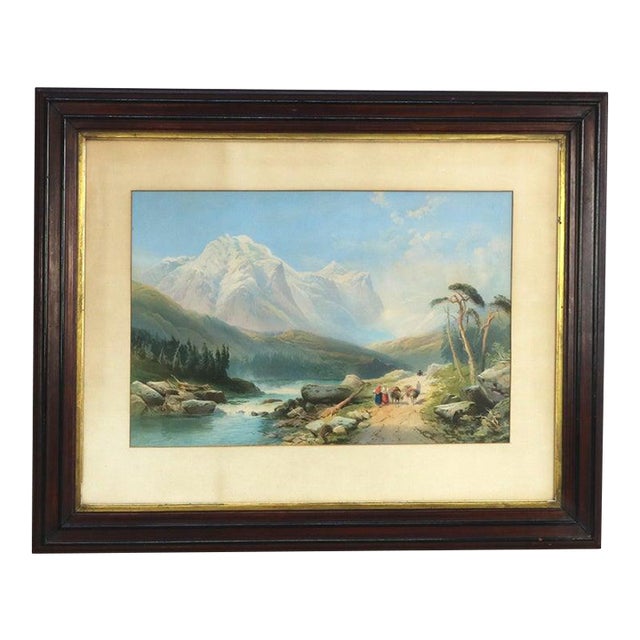 Antique Italian Watercolor Landscape Scene With Ebonized Walnut Frame C1890 For Sale