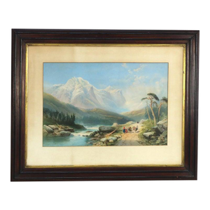 Antique Italian Watercolor Landscape Scene With Ebonized Walnut Frame C1890