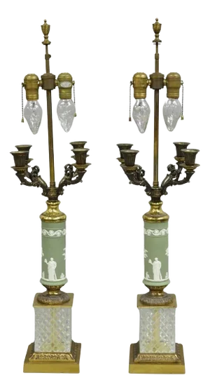 Vintage French Neoclassical Green Jasperware Candelabra Table Lamps - A Pair