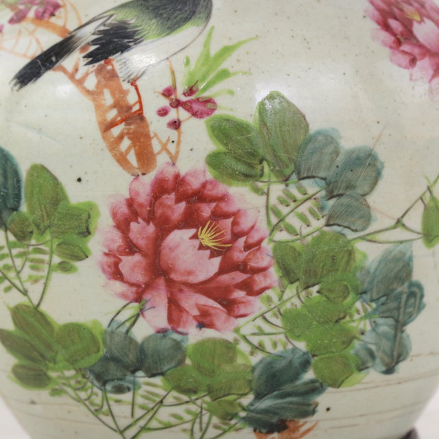 Famille Rose Antique Porcelain Vase Lamp With Bird and Peony Motif on Wood Base For Sale - Image 10 of 17