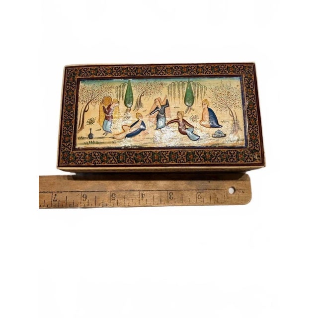 Mid-Century Persian Khatam Kari Inlaid Marquetry Cigarette Box With Hand-Painted Miniature Scene For Sale In Jacksonville, FL - Image 6 of 9
