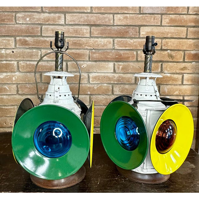 Ivory Pair of Vintage Railroad Switch Lamps For Sale - Image 8 of 12