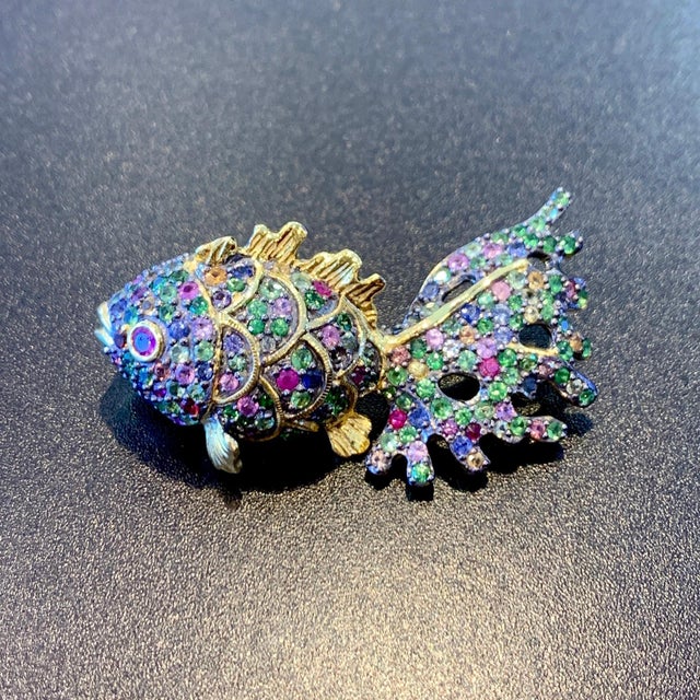 Metal Bochic “Capri” Fancy Multi Color Natural Sapphire Brooch or Pendent 18K & Silver For Sale - Image 7 of 11