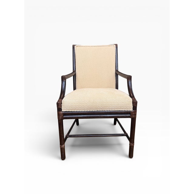 McGuire San Francisco Rattan Dining Arm Chairs With Diamond Lattice Backs – Set of 6 For Sale - Image 9 of 16