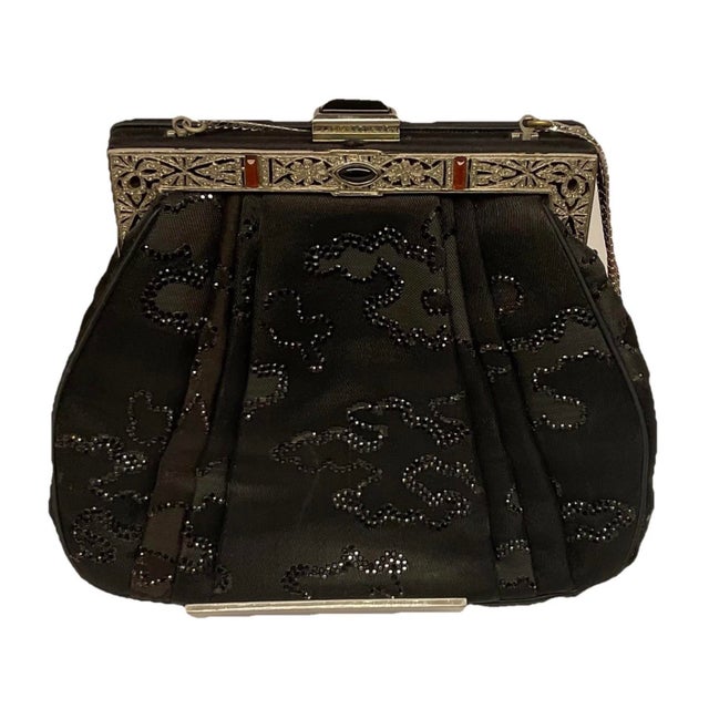 Textile Judith Leiber 80s Art Deco Style Frame Embroidery Marcasite Style Gemstone Velvet Shoulder Clutch Evening Bag Vintage For Sale - Image 7 of 9