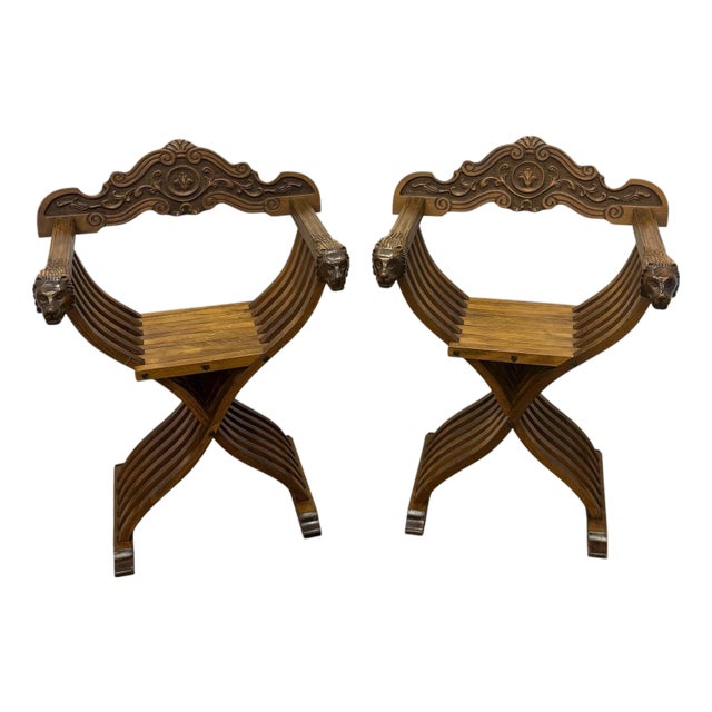 Vintage Regency Style Walnut Lions Head Folding / Accent Chairs - Pair For Sale