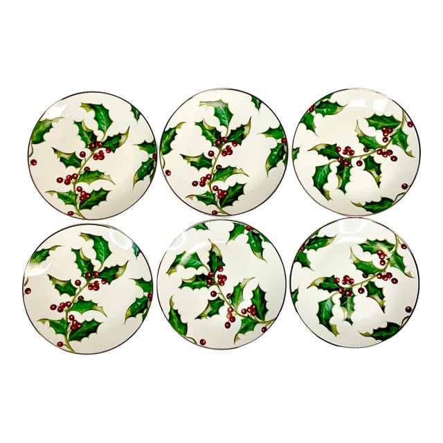 2001 Americana Hollywood Regency Restoration Hardware Holly Berry Salad Plates - Set of 6, Christmas For Sale