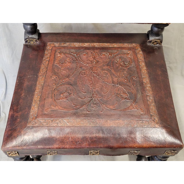 Antique 1880s Ornate Spanish Revival Carved Leather and Wood Chairs