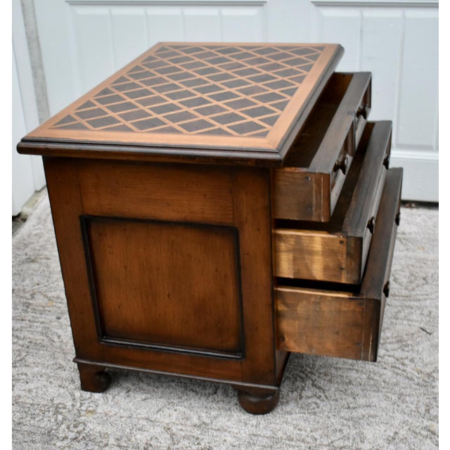 Wood Accent Chest Nightstand French Louis XIII Style Small 3 Drawer Parquet Top For Sale - Image 4 of 12