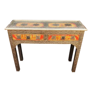Moroccan Cedar Wood Frame Metal Inlay Console Table