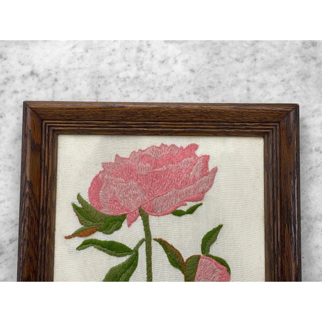 Mid-Century Modern Crewel Embroidery Stitched Pink Rose Floral Art Wall Hanging For Sale - Image 4 of 11