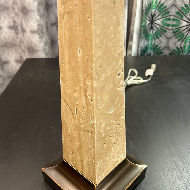 Travertine and Bronze Finish Obelisk Shape Table Lamp For Sale - Image 11 of 11