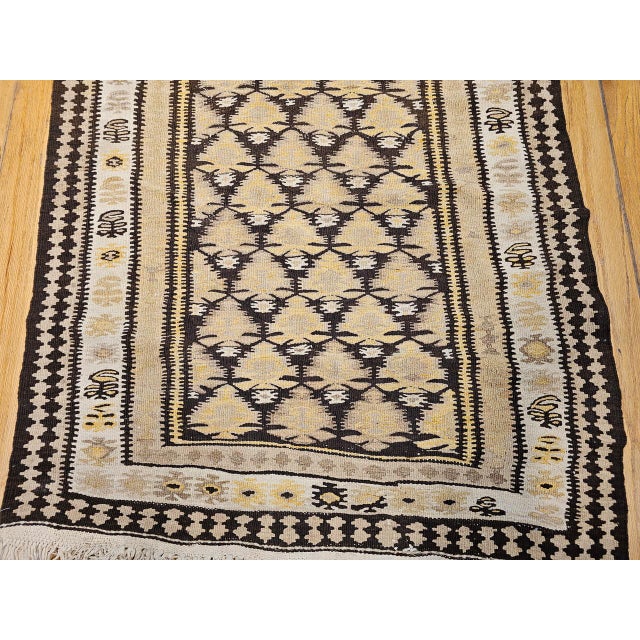 Vintage Persian Qazvin Tribal Kilim Runner, Handwoven Wool, Allover Paisley Pattern, Tan & Brown, 3x11 For Sale - Image 18 of 18