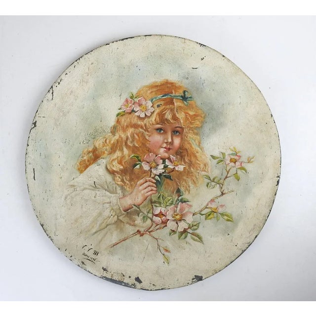 Antique 1896 French Flower Girl Tin Wall Plaque Painting For Sale In Seattle - Image 6 of 6