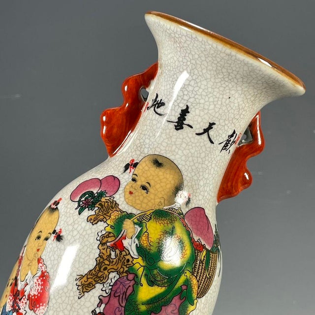 Ceramic Vintage Chinese Crackle Glaze Famille Rose "Boys Playing" Vase With Red Handles For Sale - Image 7 of 9