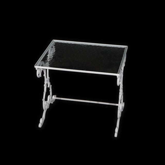 Two Painted Wrought Iron Glass Top Patio Side Tables 20th Century - a Pair For Sale - Image 4 of 12